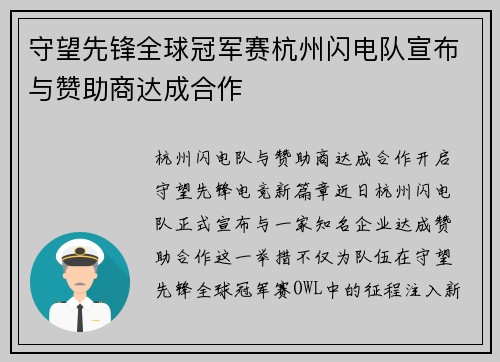 守望先锋全球冠军赛杭州闪电队宣布与赞助商达成合作